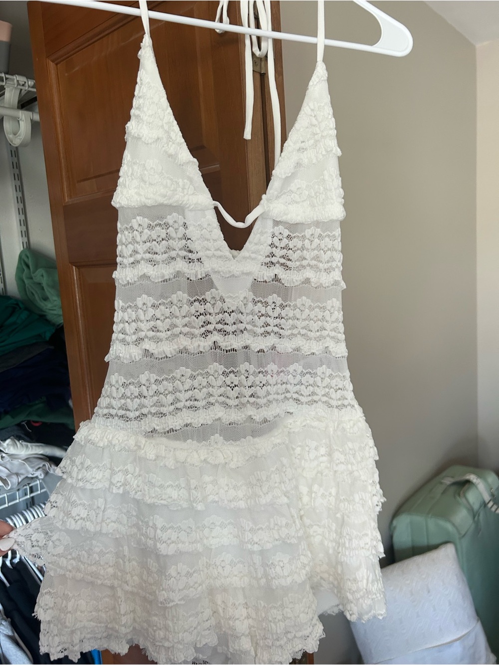 Edikted Lanney Ruffled Sheer Lace Romper